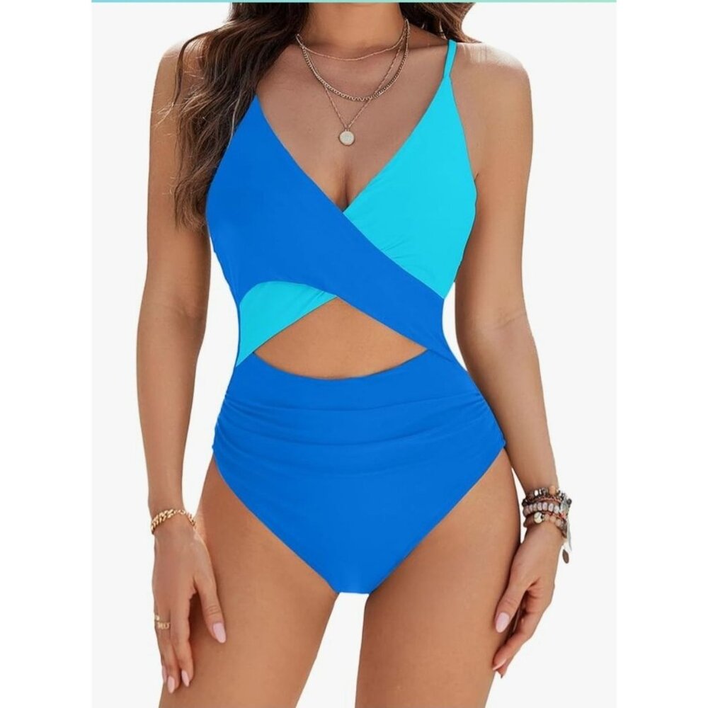 Blooming Jelly Womens One-Piece Swimsuit Blue Cross Cutout Design Size M Beach